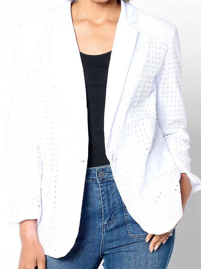 Susan Graver Pure Cotton Eyelet Bracelet Sleeve Blazer Size Xs Fits Like S/M